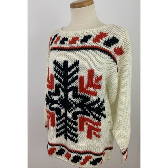 Vintage 80s Fantastic Hand Knit Acrylic Sweater Chunky Snowflake Nordic Sz M - Picture 3 of 5